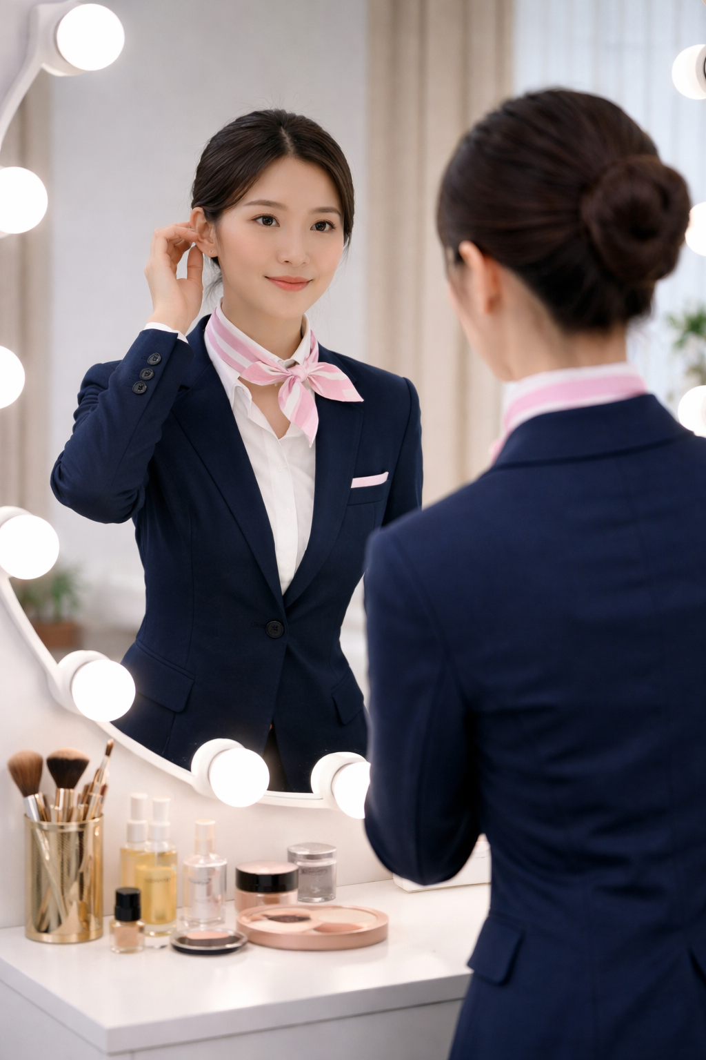 서비스 경험을 면접 답변으로 정리하는 승무원 준비생의 연습 장면을 표현한 이미지