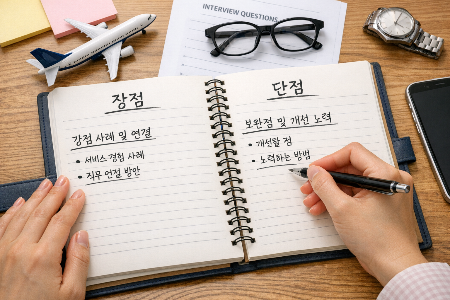 승무원 장단점 예시 정리 노트 이미지