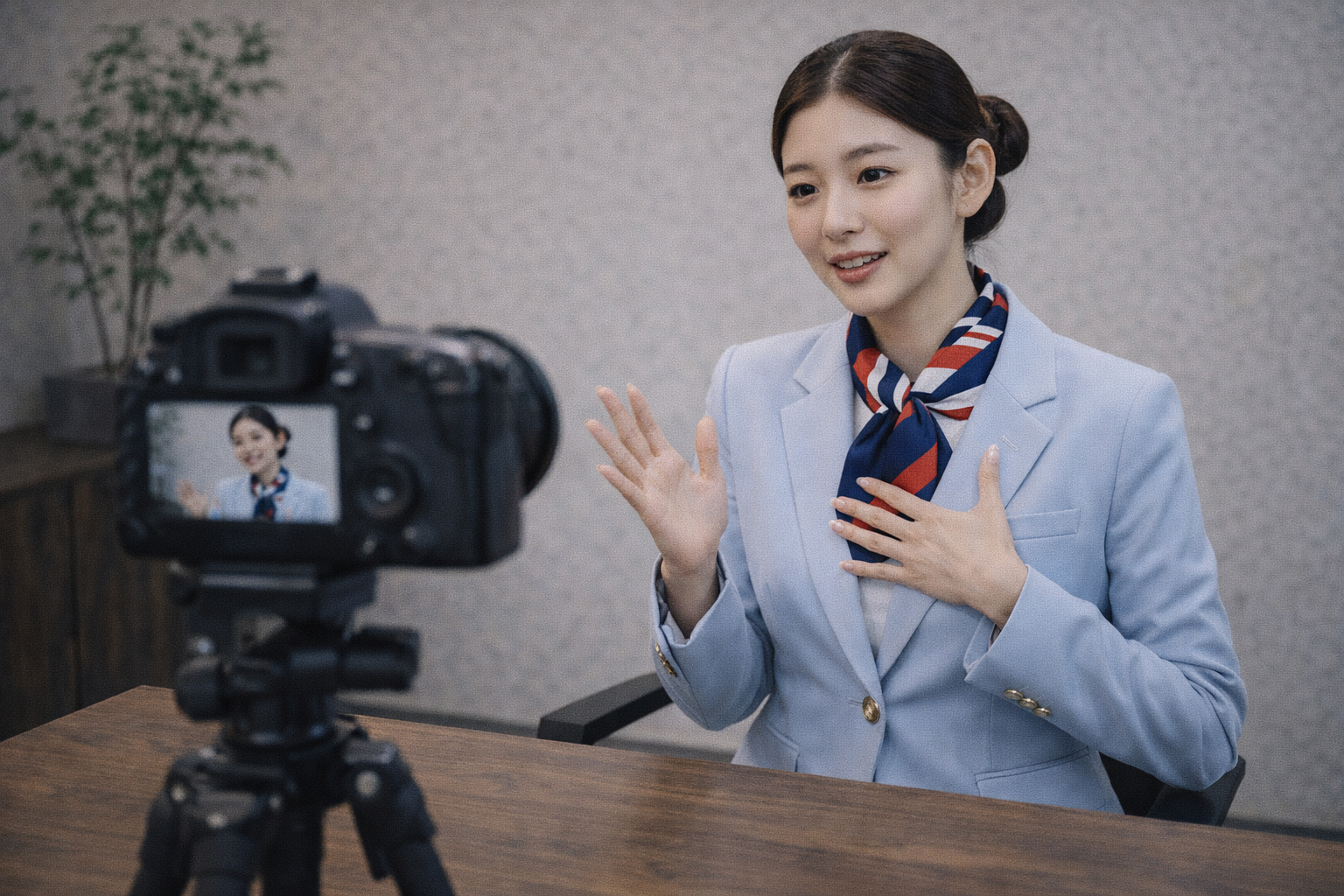 갈등 상황을 면접형 답변 구조로 정리하며 핵심 포인트를 점검하는 승무원 준비생의 모습을 담은 이미지